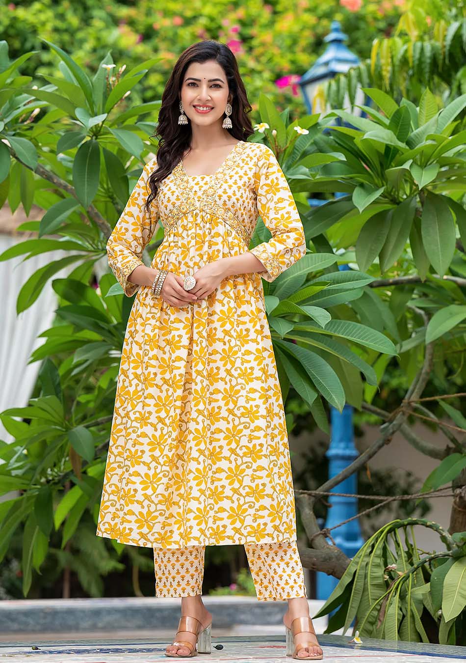 White And Yellow Floral Anarkali Kurta Pant Set With Dupatta