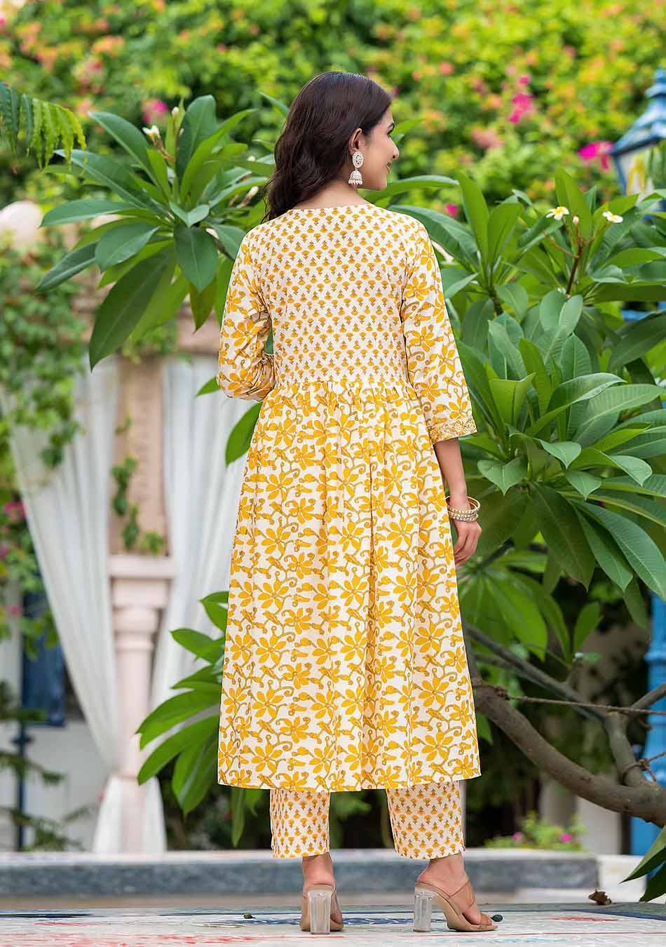 White And Yellow Floral Anarkali Kurta Pant Set With Dupatta