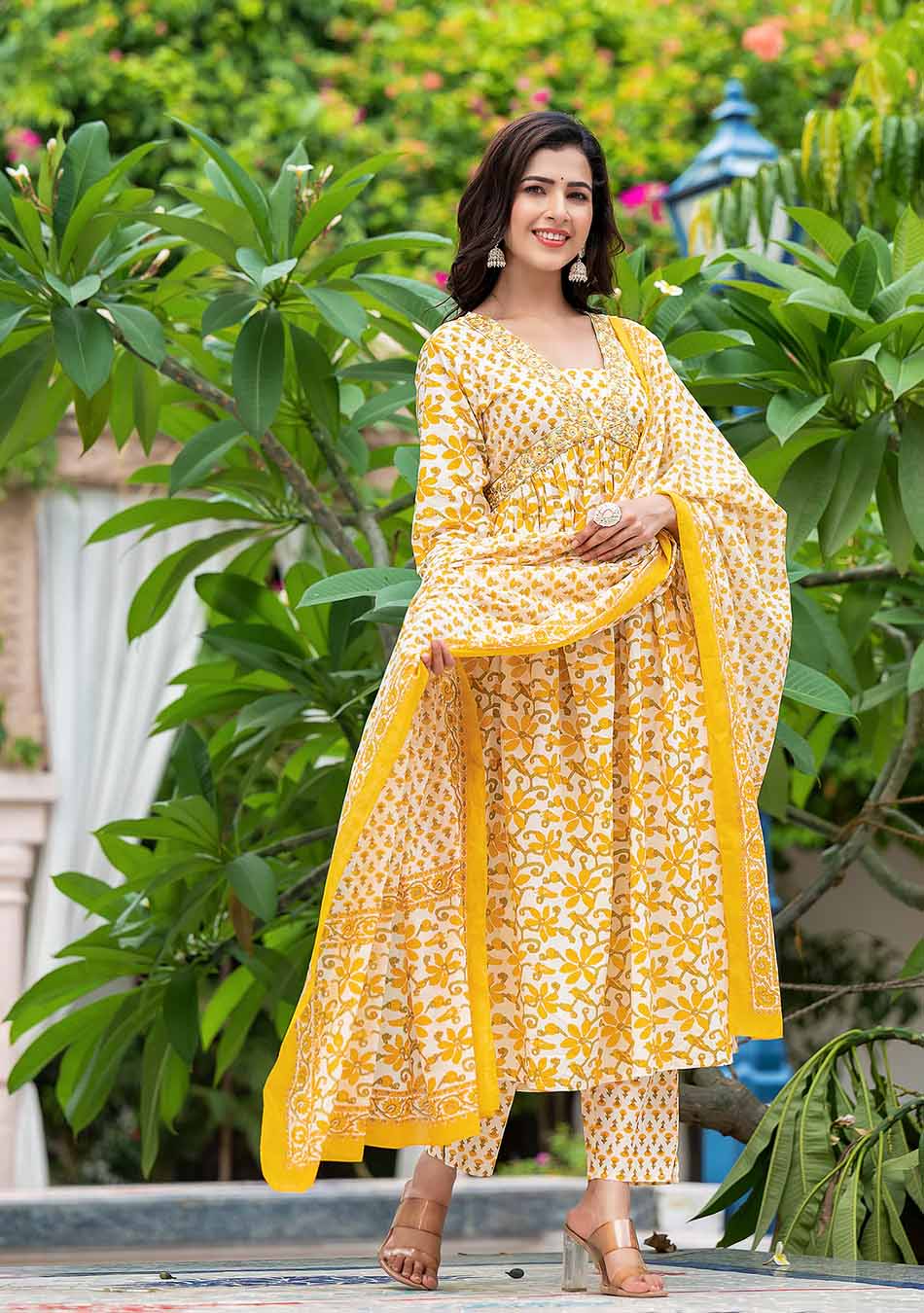 White And Yellow Floral Anarkali Kurta Pant Set With Dupatta