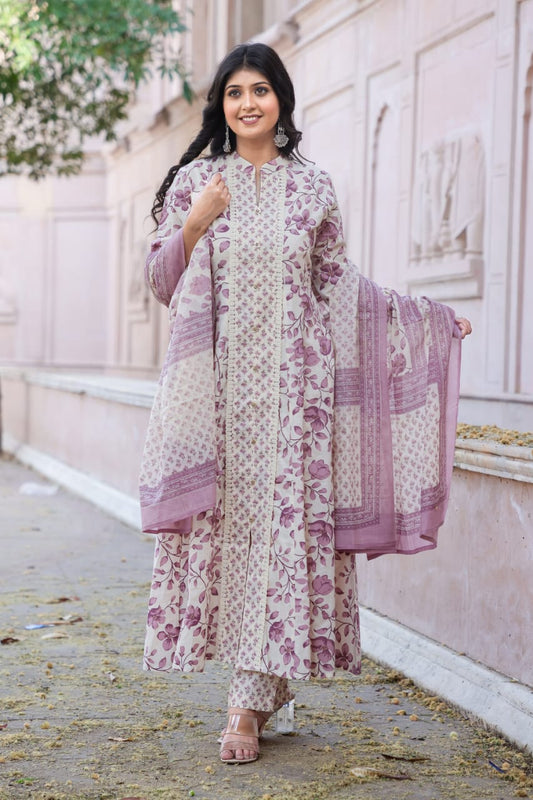 Royal white and purple Hand Block anarkali suit