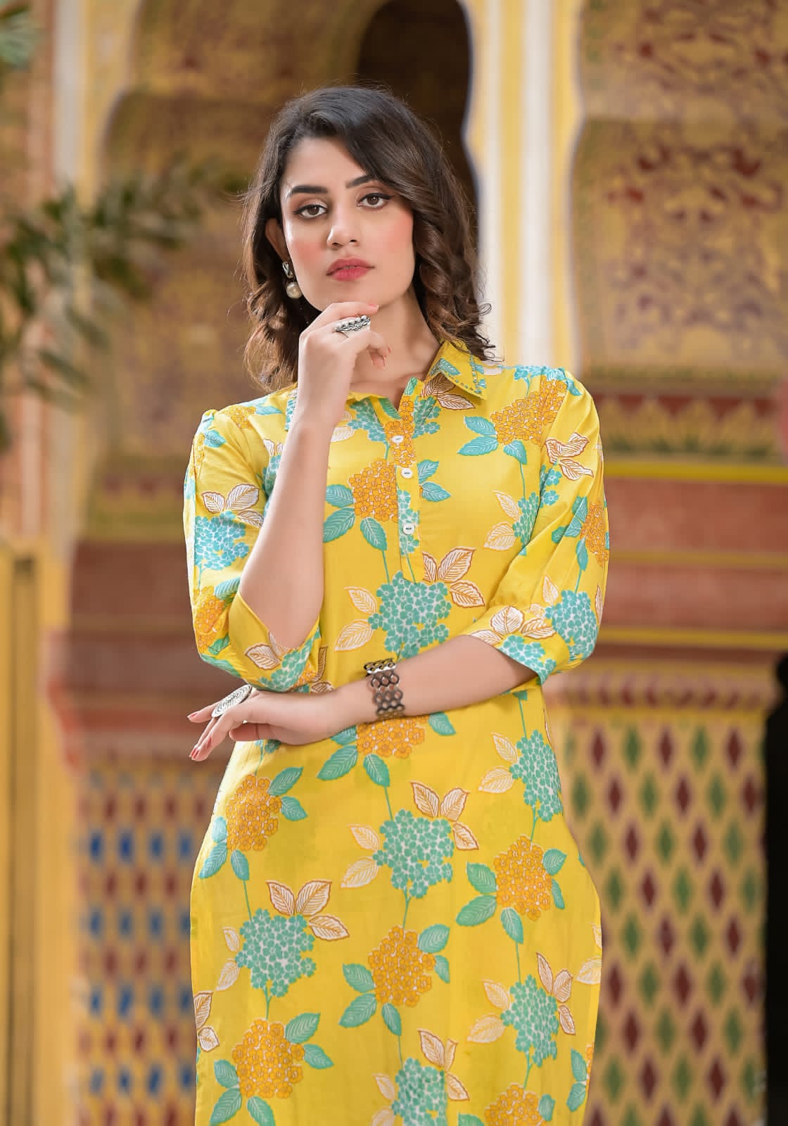 Yellow Floral Print Kurta Hem Cuffed Pant Set