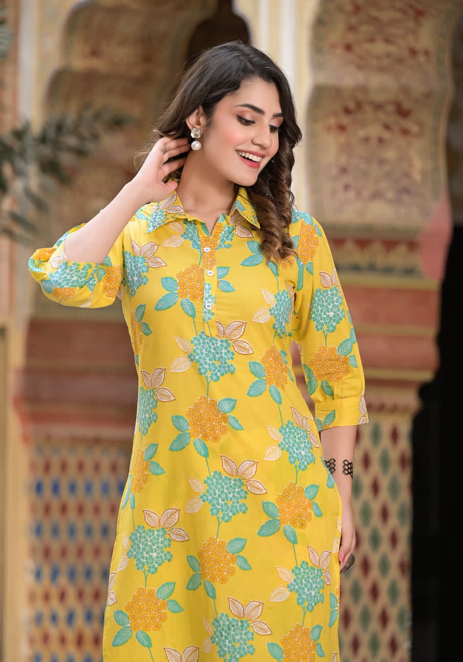 Yellow Floral Print Kurta Hem Cuffed Pant Set