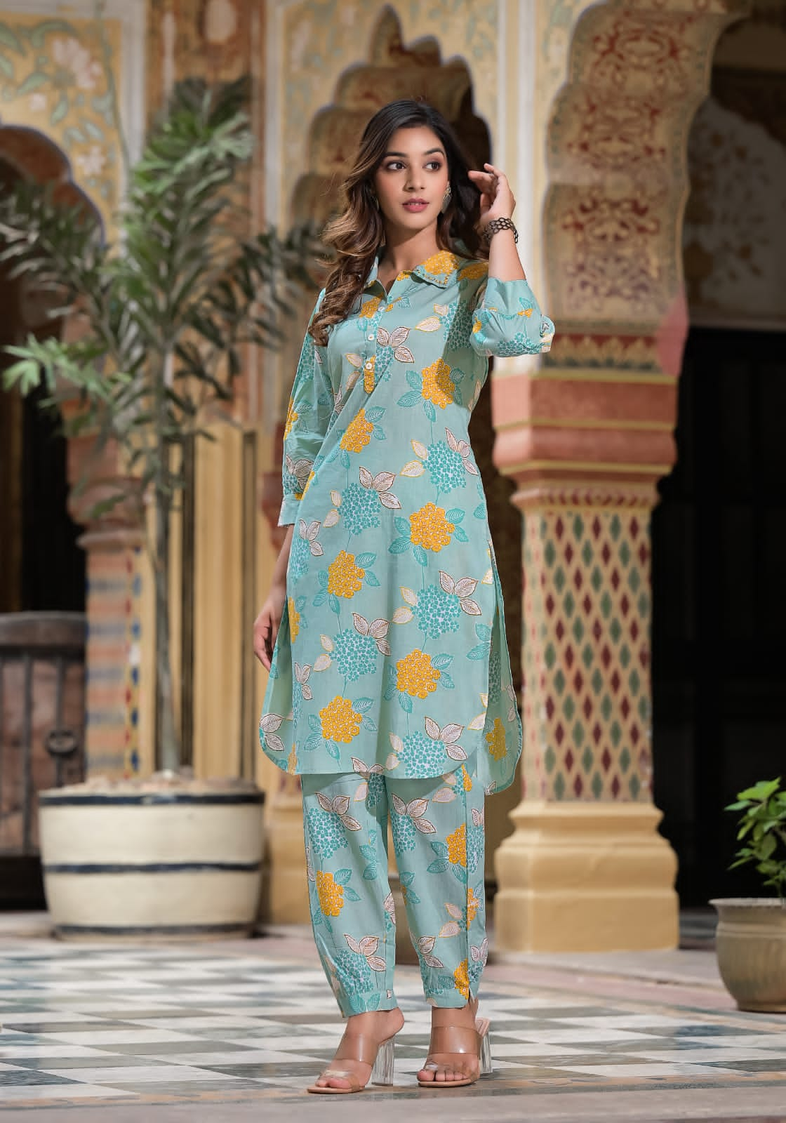 Green Floral Print Kurta Hem Cuffed Pant Set