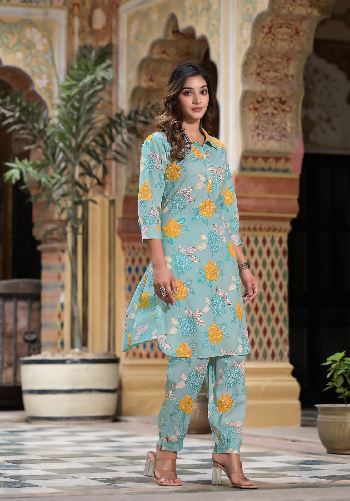 Green Floral Print Kurta Hem Cuffed Pant Set