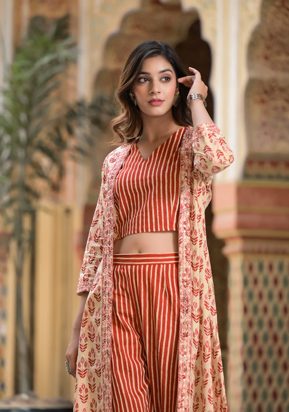 Peach Puff And Red Colour Co-Ord Set
