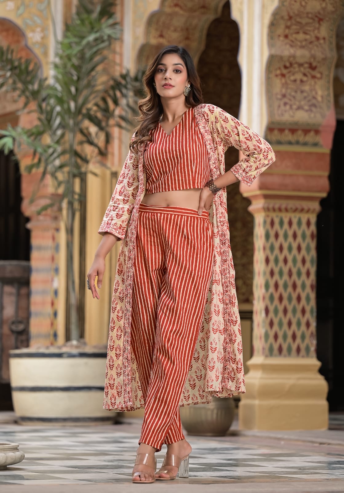 Peach Puff And Red Colour Co-Ord Set