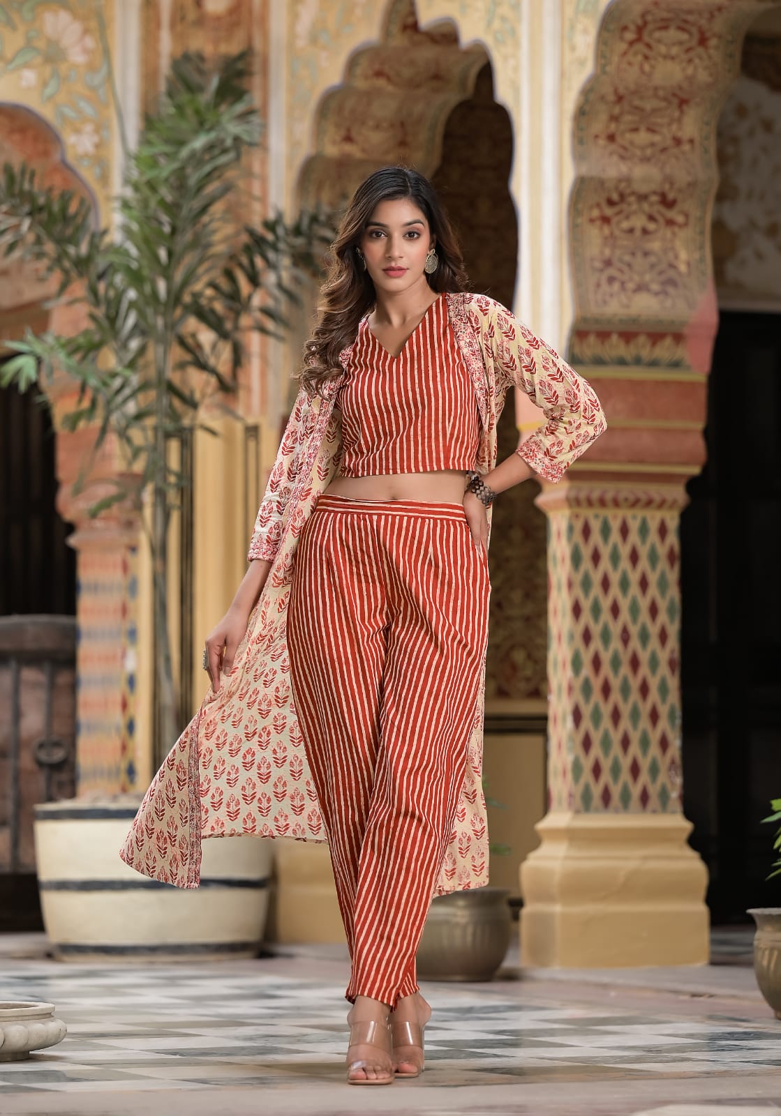 Peach Puff And Red Colour Co-Ord Set