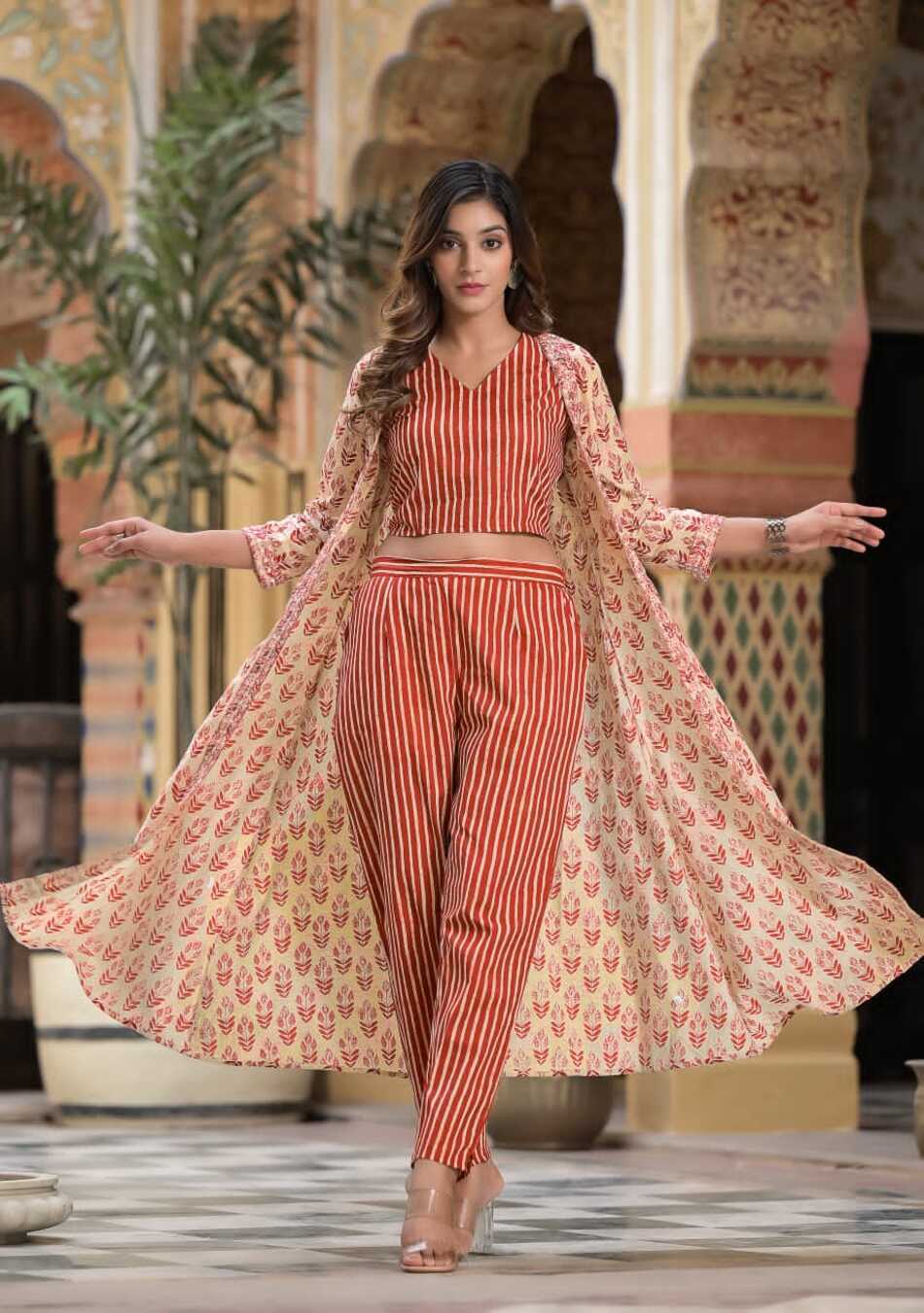 Peach Puff And Red Colour Co-Ord Set