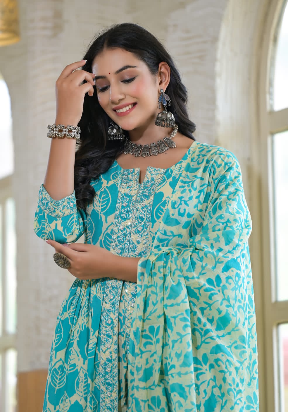 Sea Green & Cream Front Open Print Kurta Pant Set With Dupatta