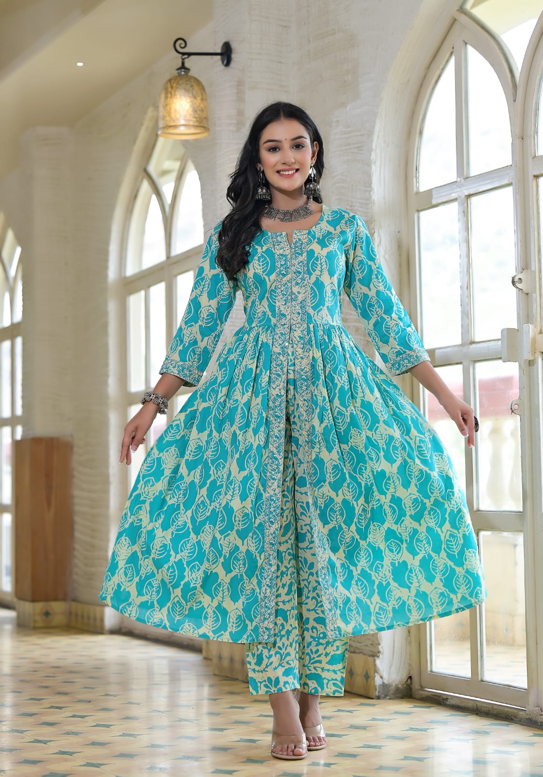 Sea Green & Cream Front Open Print Kurta Pant Set With Dupatta