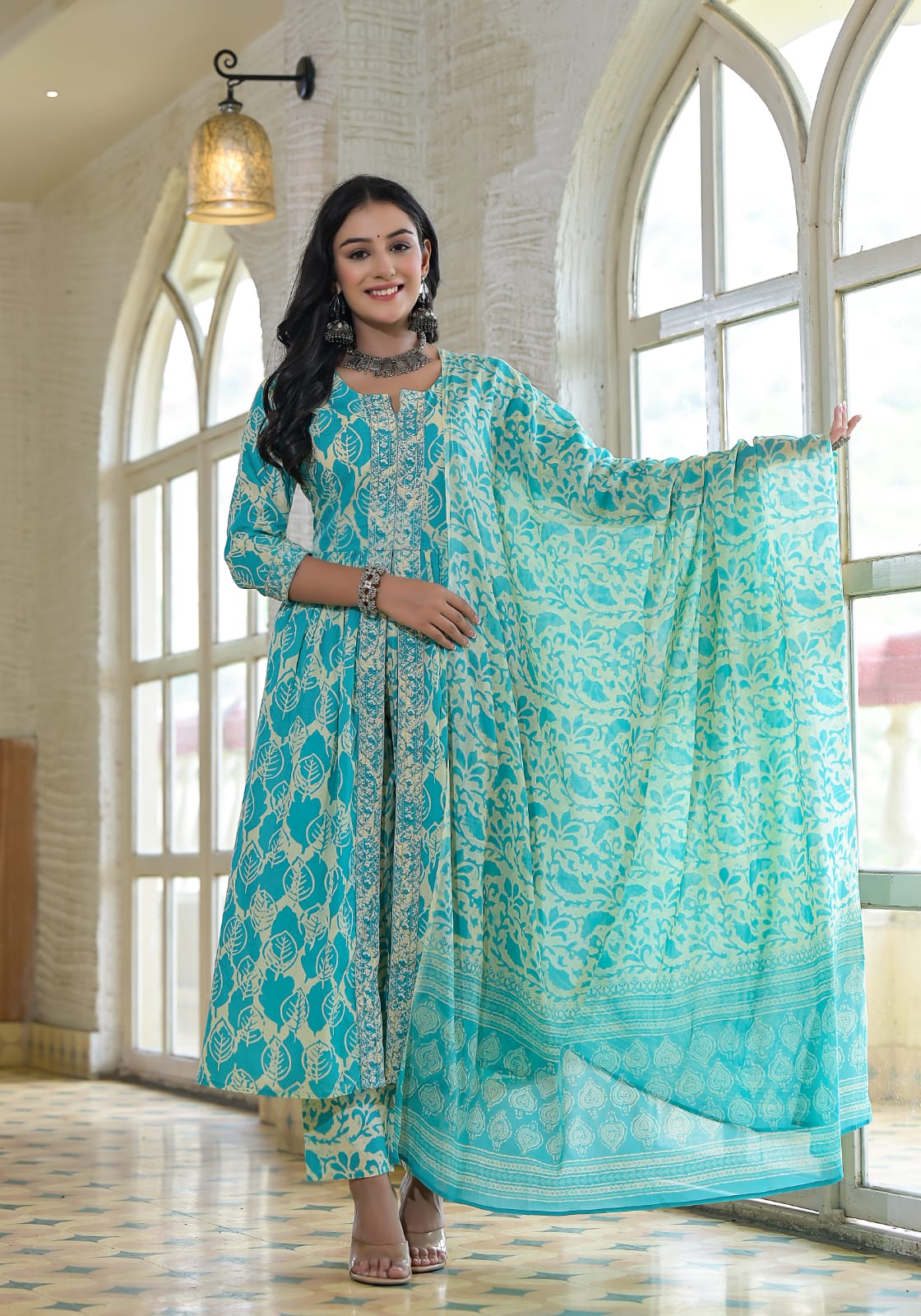 Sea Green & Cream Front Open Print Kurta Pant Set With Dupatta