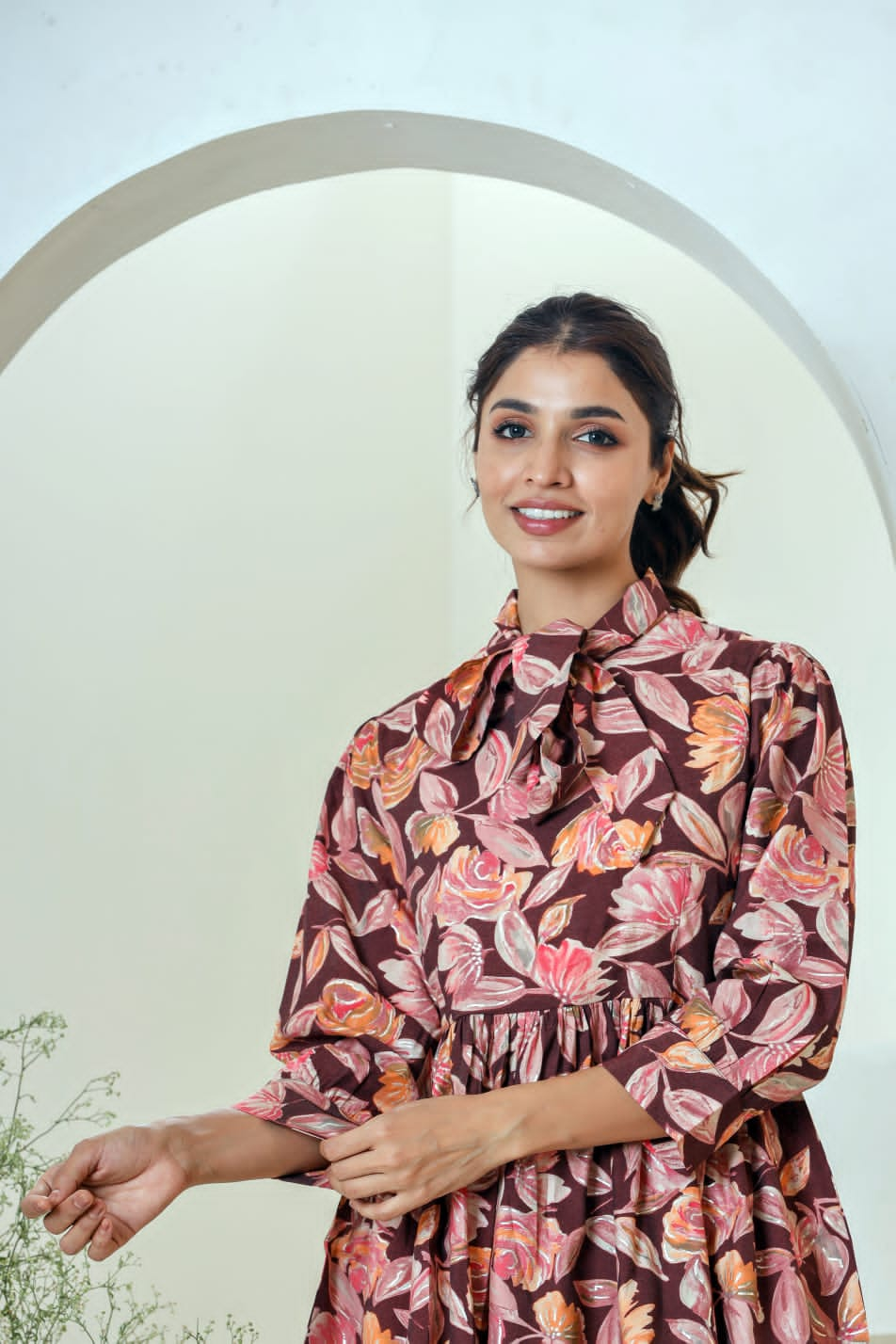 Maroon Floral Print Muslin Peplum Top With Bell-Bottom