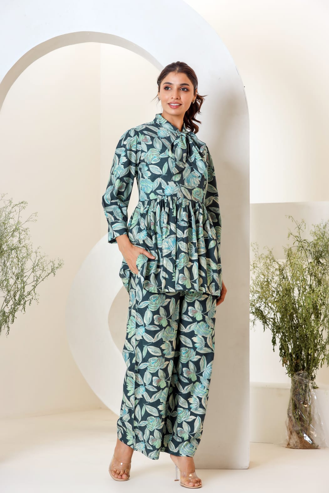 Green Floral Print Muslin Peplum Top With Bell-Bottom