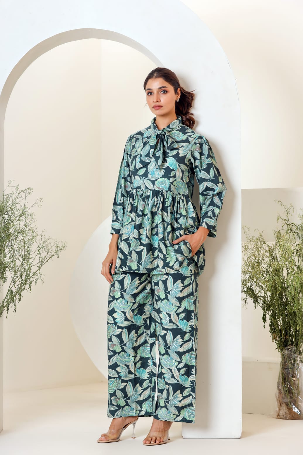 Green Floral Print Muslin Peplum Top With Bell-Bottom