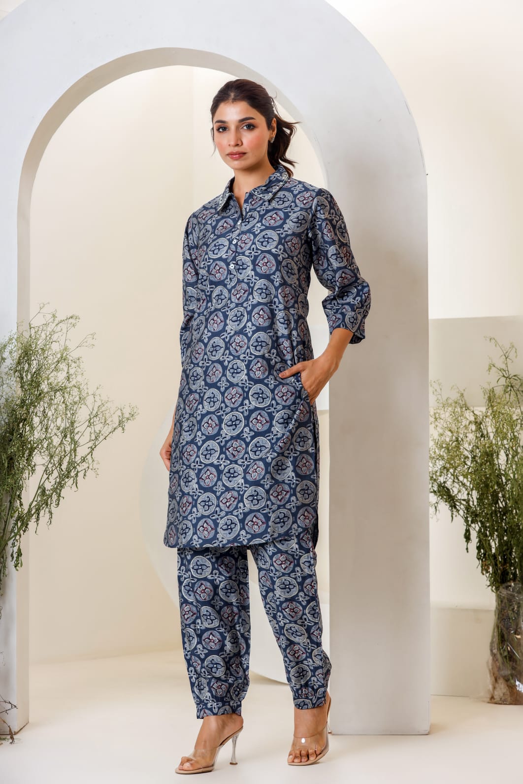 Blue Print Muslin Kurta With  Hem  Cuffed Pant Set