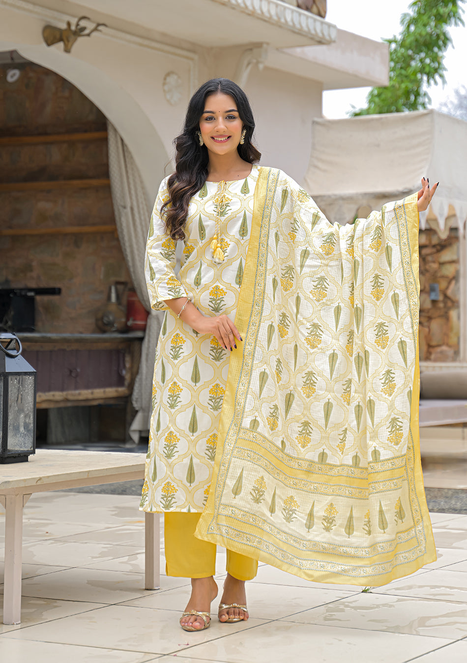 Yellow Cotton Straight Kurta Pant Set with kota Dupattta