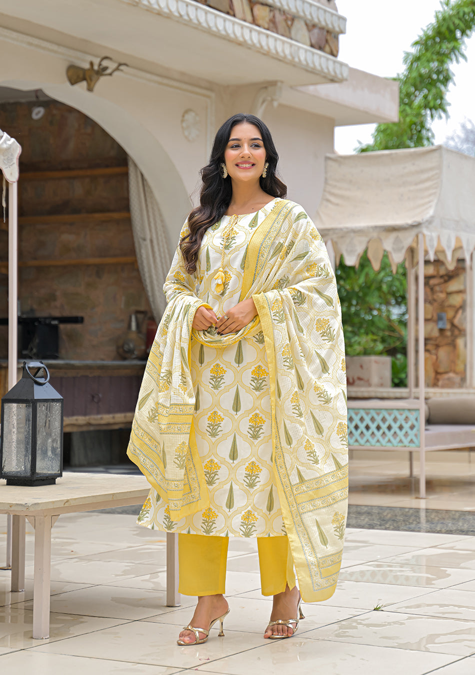Yellow Cotton Straight Kurta Pant Set with kota Dupattta