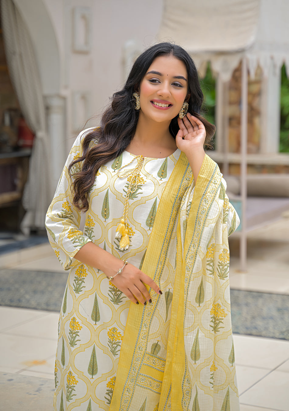 Yellow Cotton Straight Kurta Pant Set with kota Dupatta
