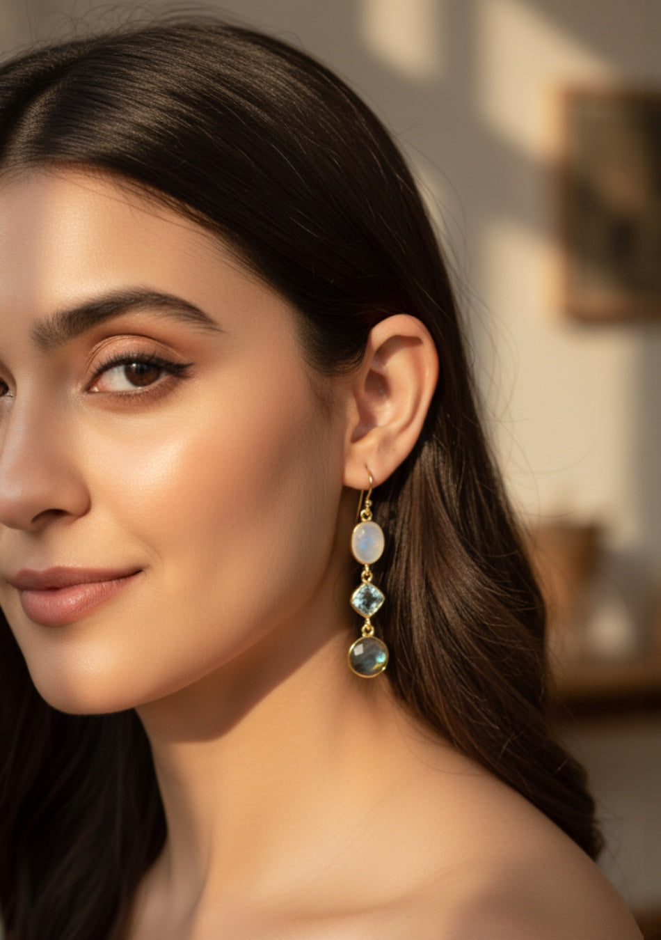 Blue Topaz And Moonstone Gold Plated Earrings