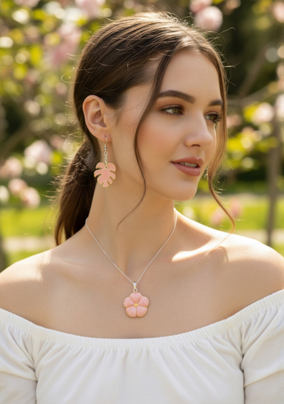 Pink Swiss Cheese Leaf Pendant and Earring Set