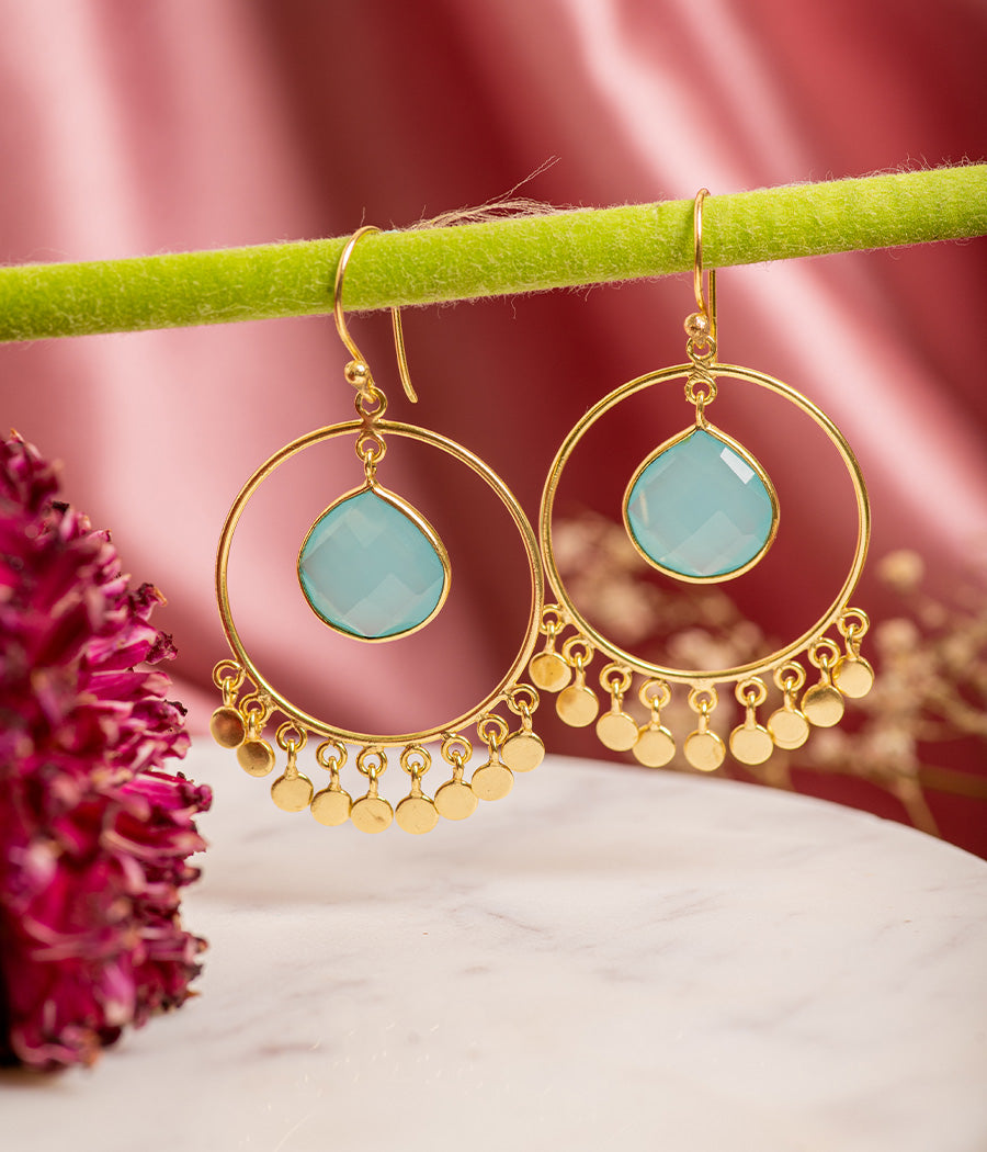 Gold-Plated Round Loop Aqua Chalcedony Earrings