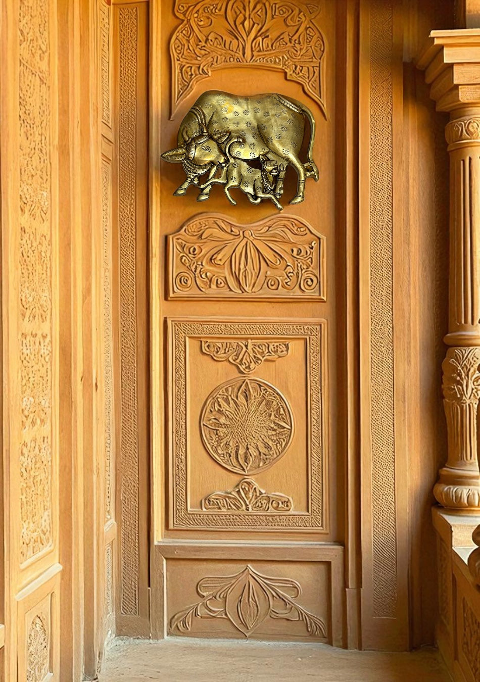 Antique Brass Kamdhenu with Calf Wall Hanging