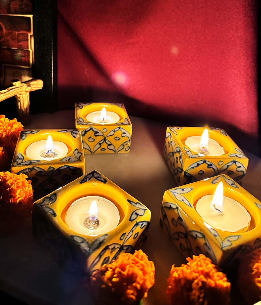 Blue Pottery Square Diyas - Set of 6