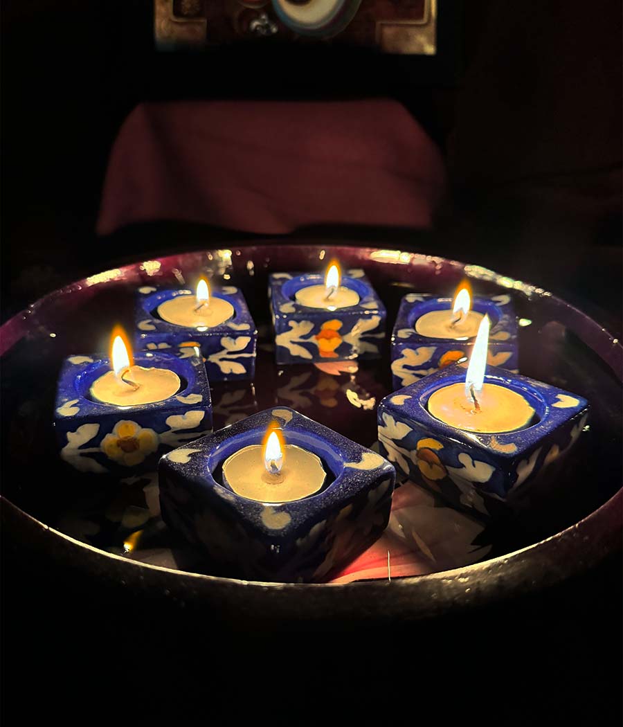 Blue Pottery Flower Decorated Square diyas