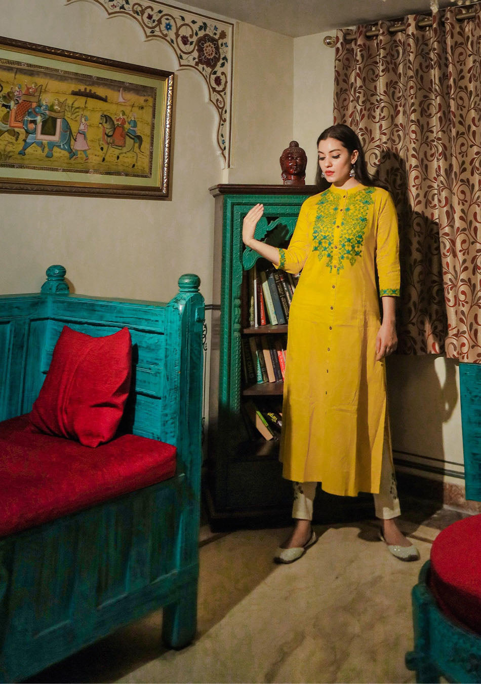 Women's Yellow Regular A-Line Calf Long Kurta