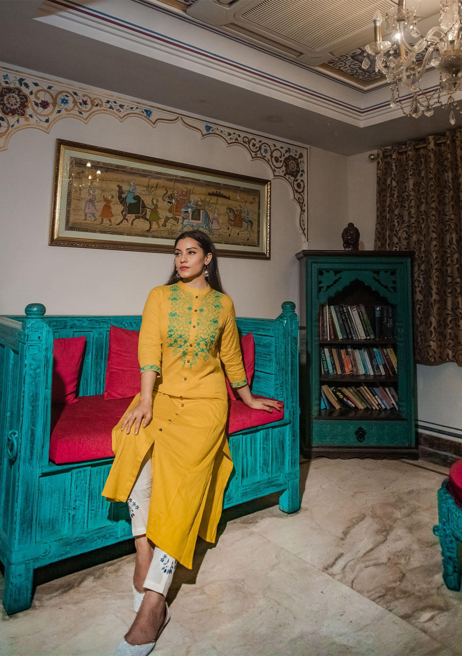 Yellow Regular A-Line Calf Long Kurta