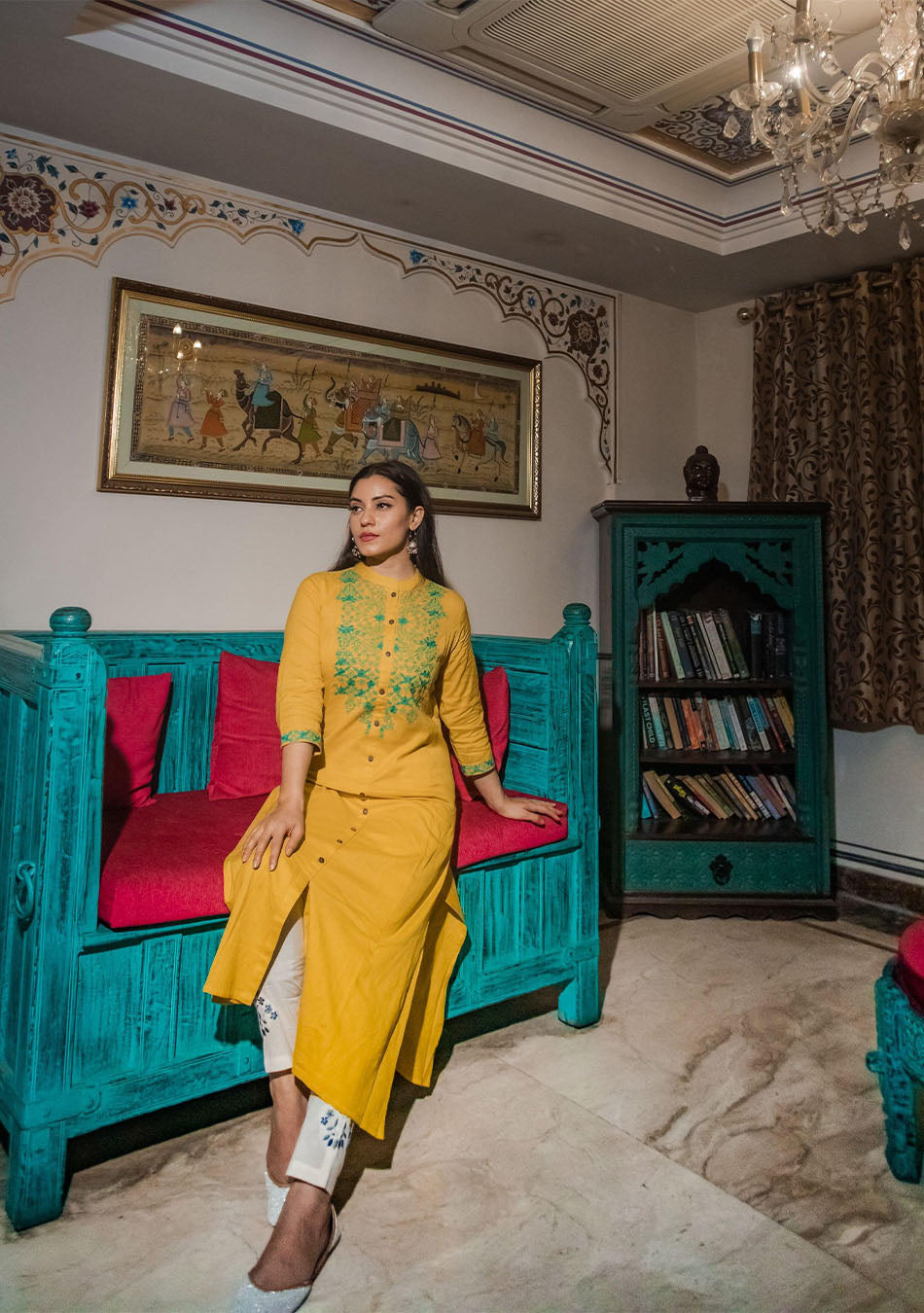 Women's Yellow Regular A-Line Calf Long Kurta