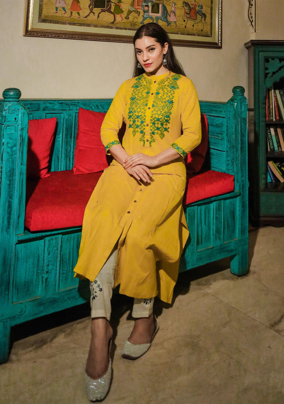 Women's Yellow Regular A-Line Calf Long Kurta