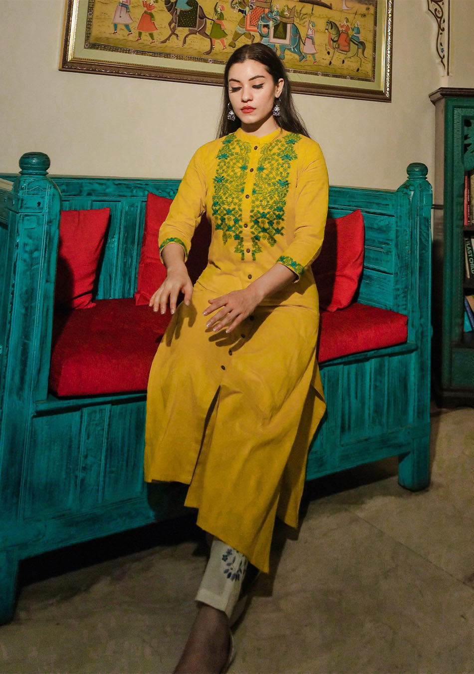 Women's Yellow Regular A-Line Calf Long Kurta