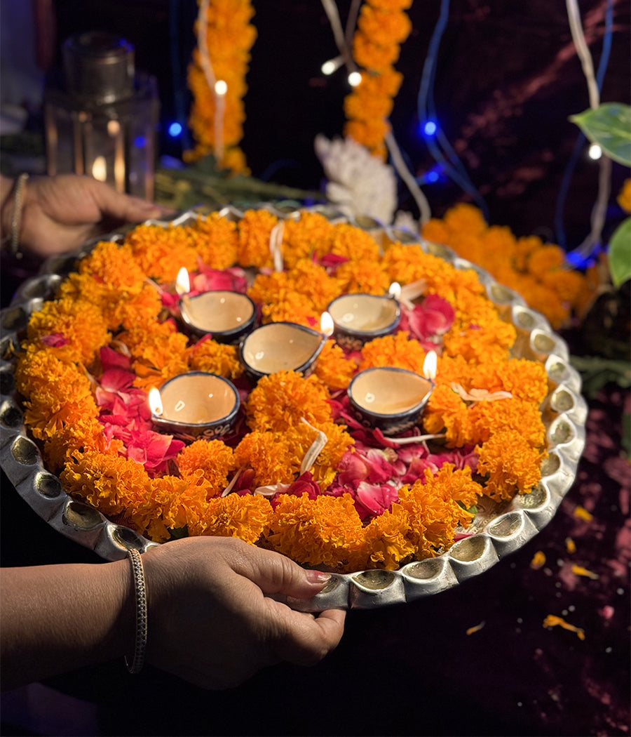 Blue Diya with white floral Design - Set of 6