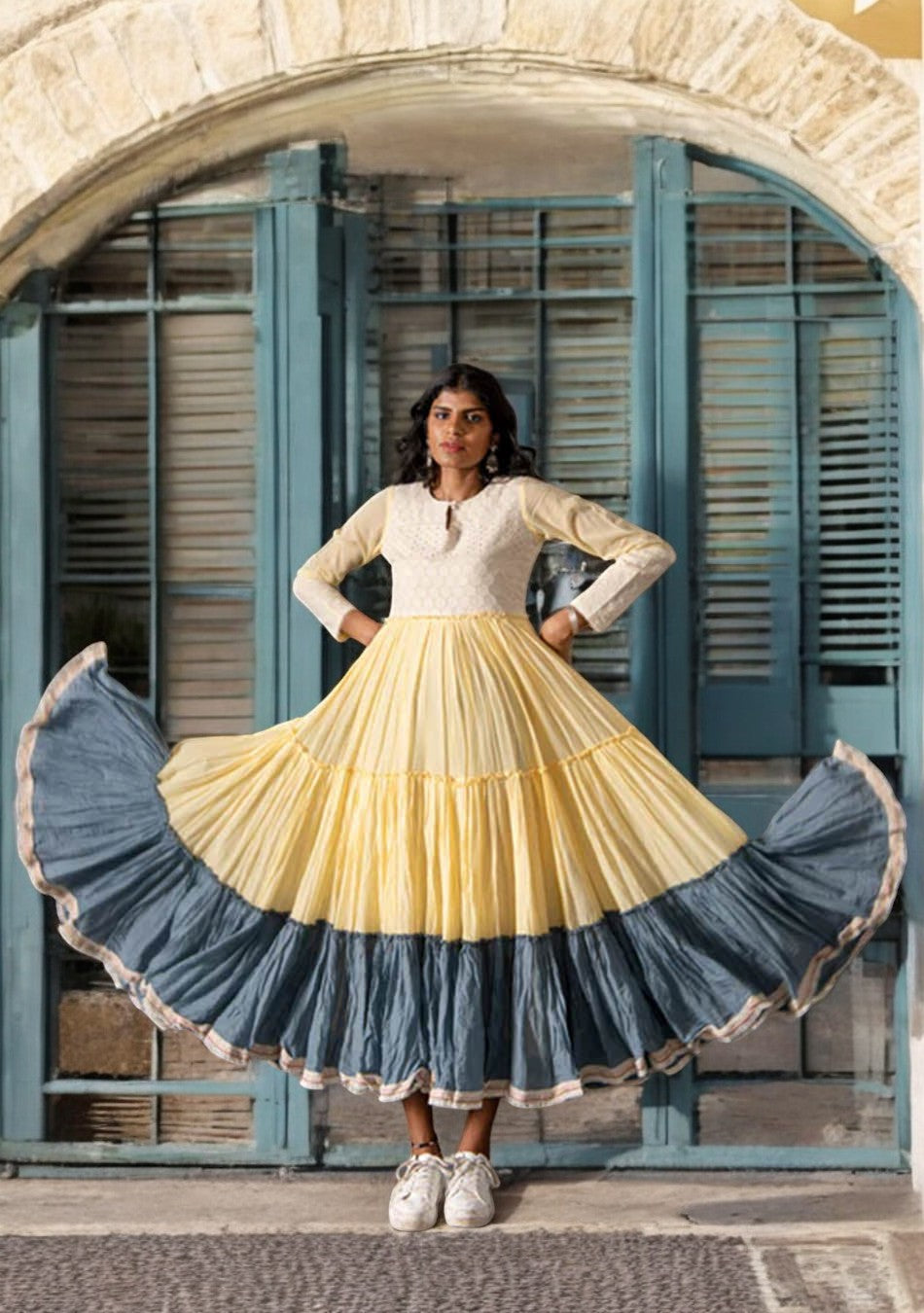 Yellow & Grey Mulmul Dress