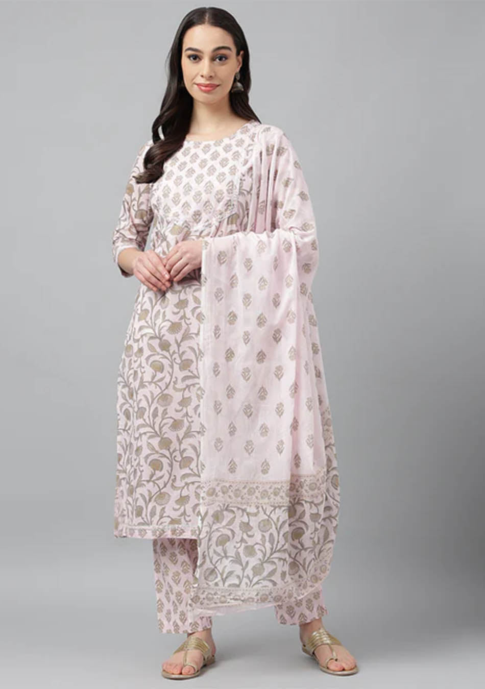 Light Pink Floral Print kurta Pant set with Dupatta