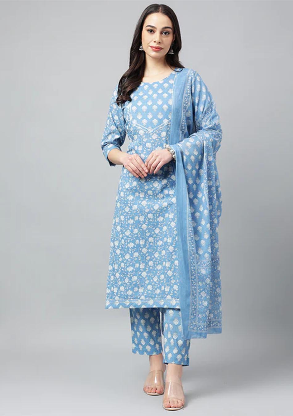 Blue  Floral Print kurta Pant set with Dupatta