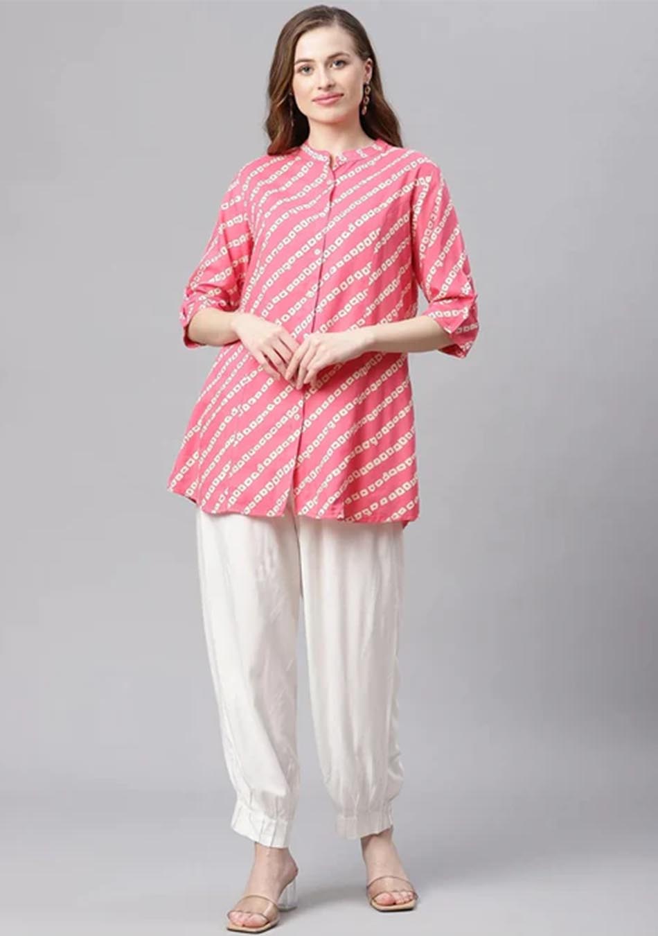 Pink Bandhani Rayon A-line Shirt Style Top