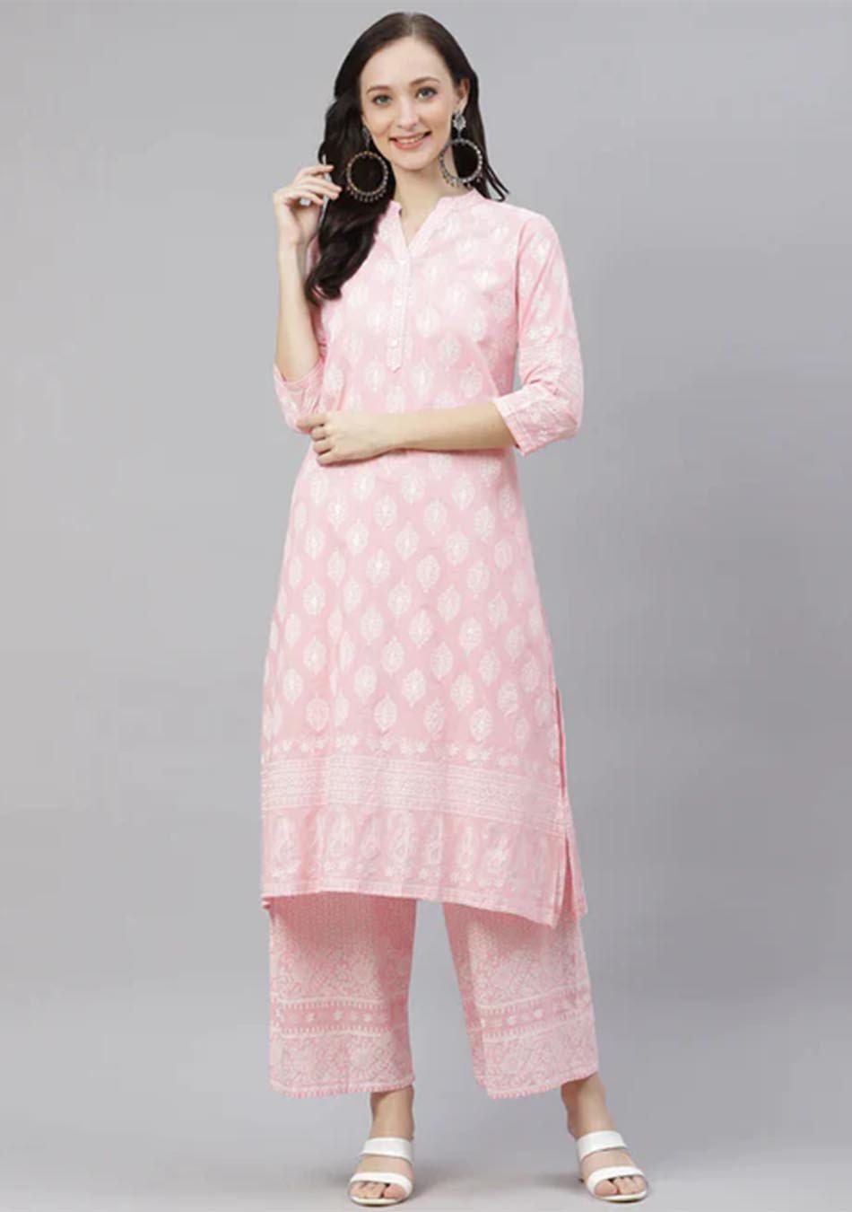 Baby Pink Cotton Kurta Palazzo Set