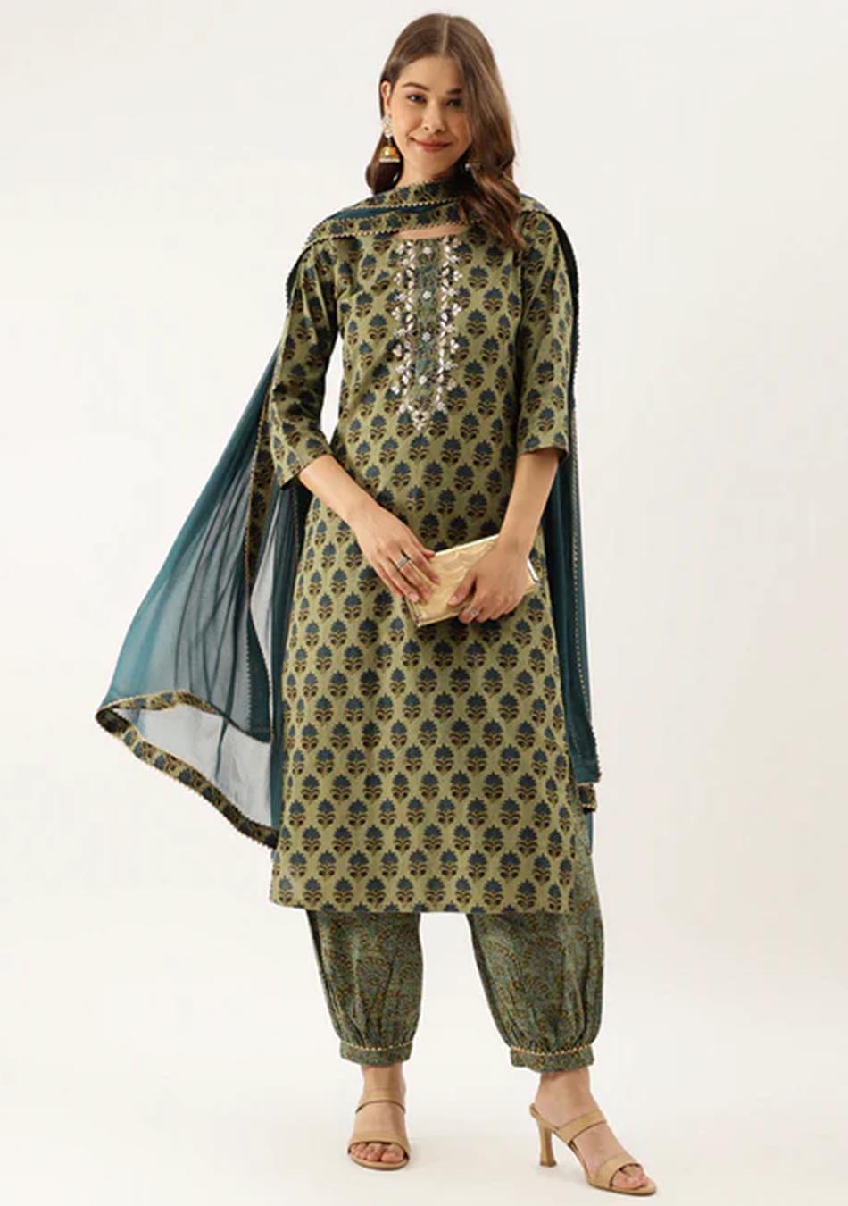 Floral Green Cotton Embroidered Kurta Set