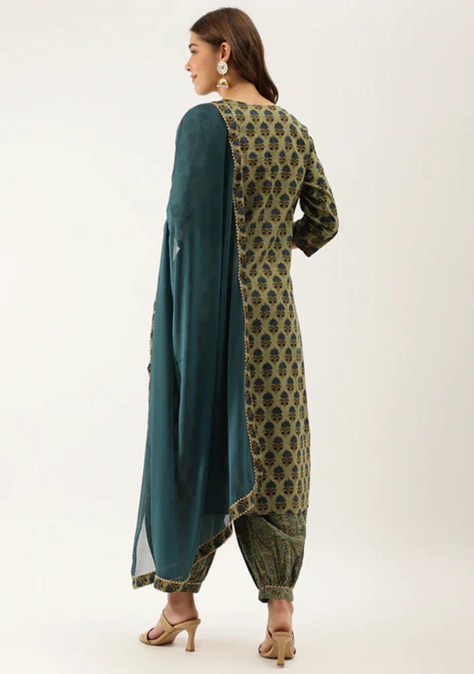 Floral Green Cotton Embroidered Kurta Set