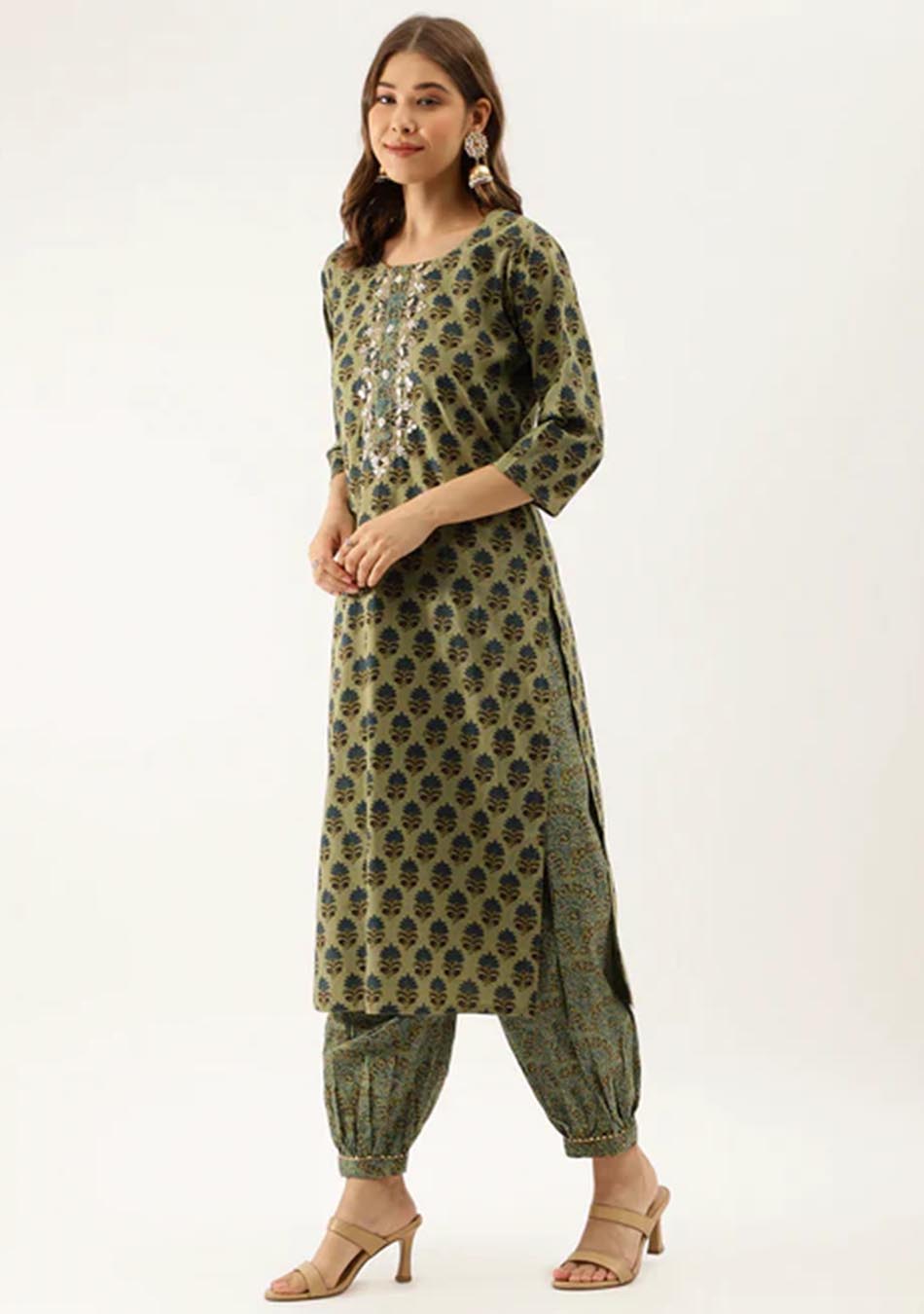 Floral Green Cotton Embroidered Kurta Set