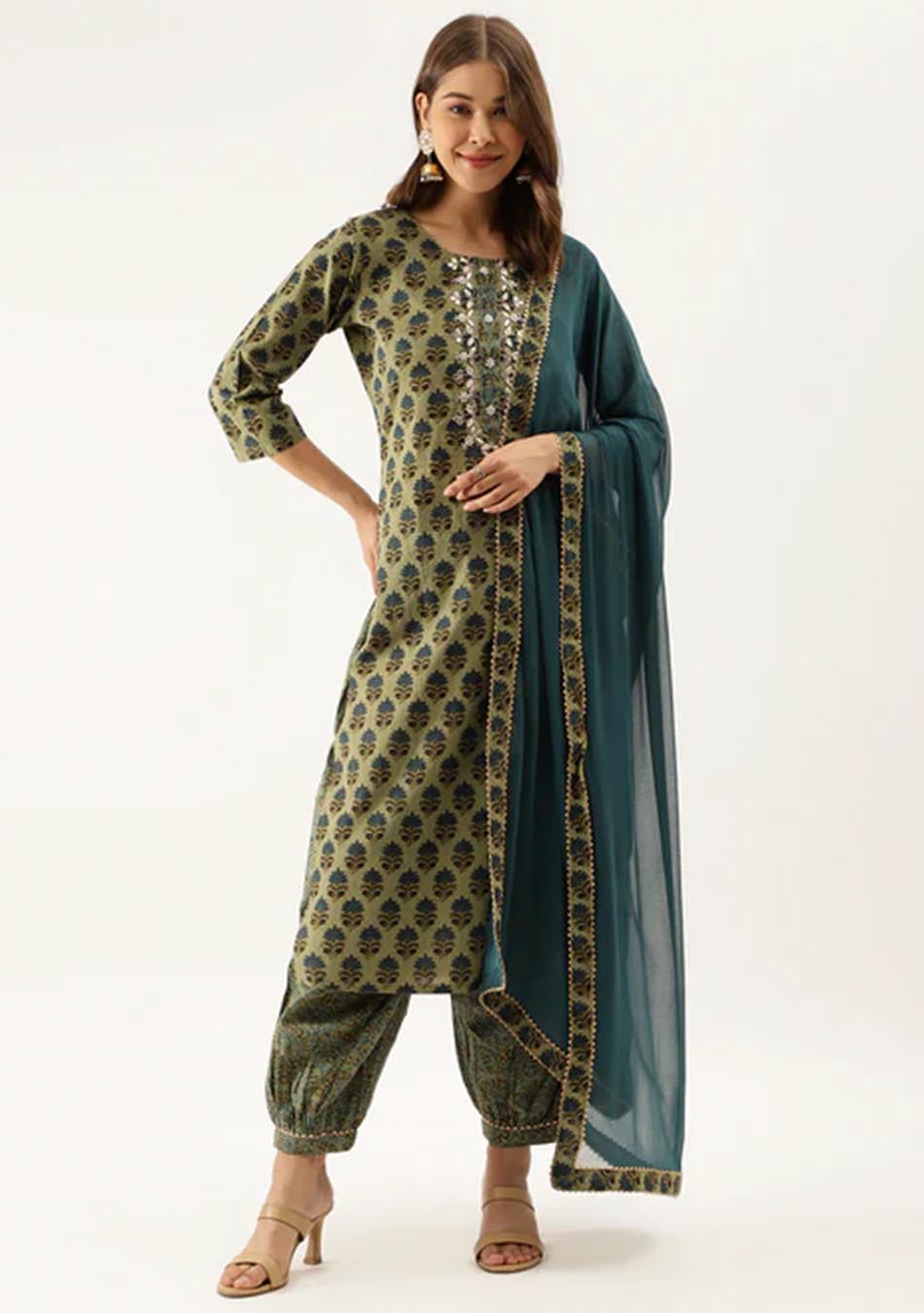 Floral Green Cotton Embroidered Kurta Set