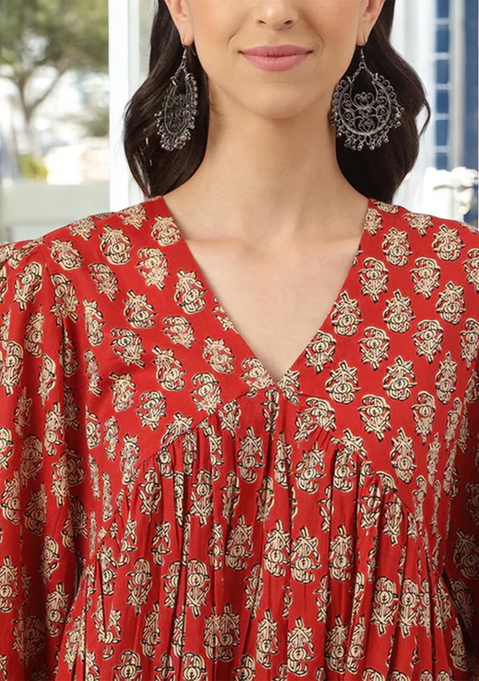 Red Floral Cotton Pemplum Style Top