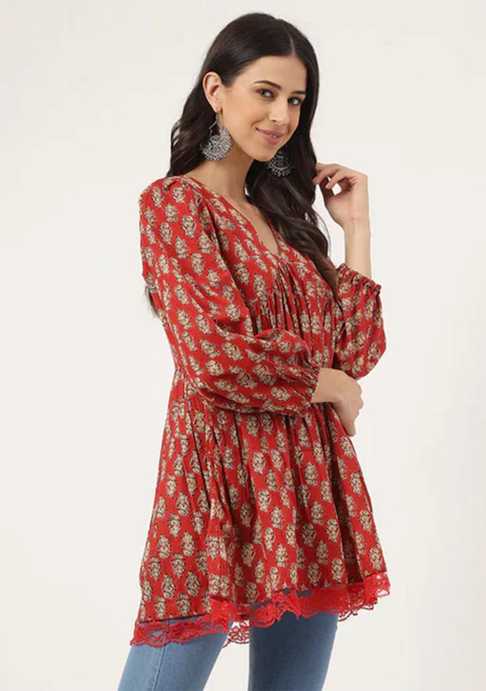Red Floral Cotton Pemplum Style Top
