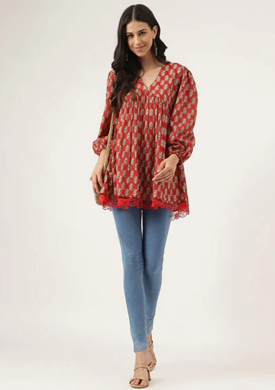 Red Floral Cotton Pemplum Style Top