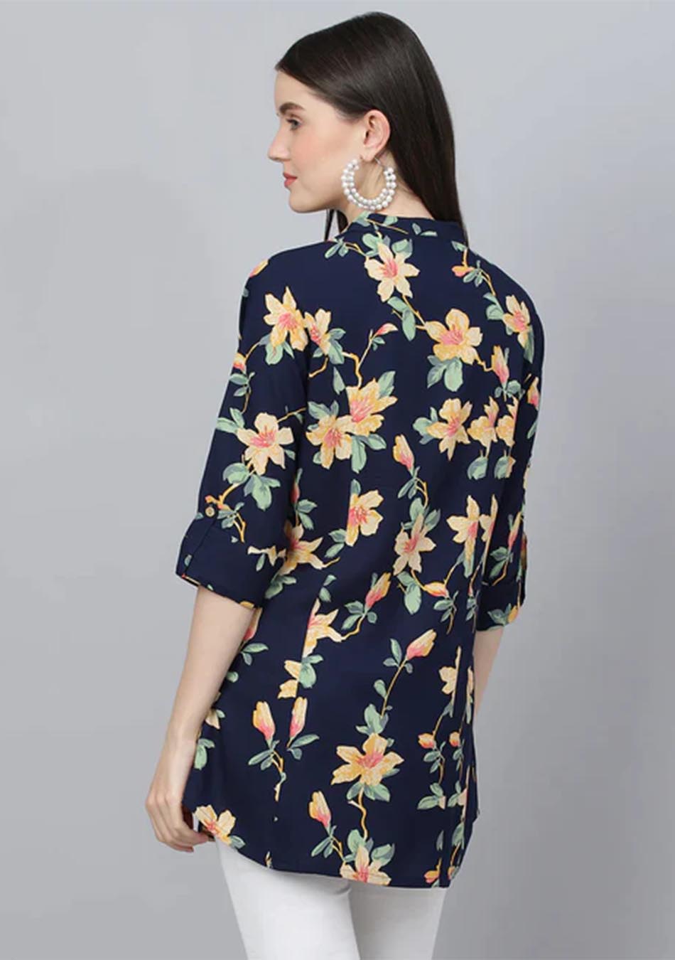 Navy Blue Floral printed Rayon A-line Shirts Style Top