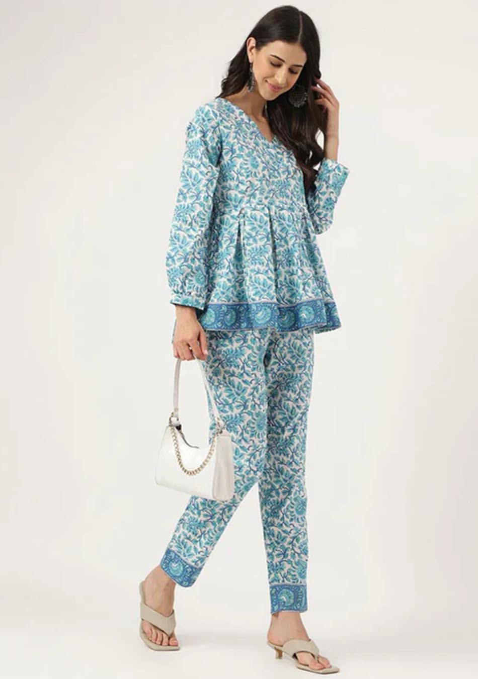 White Floral Printed Cotton Peplum Top Pant Co-ords Set
