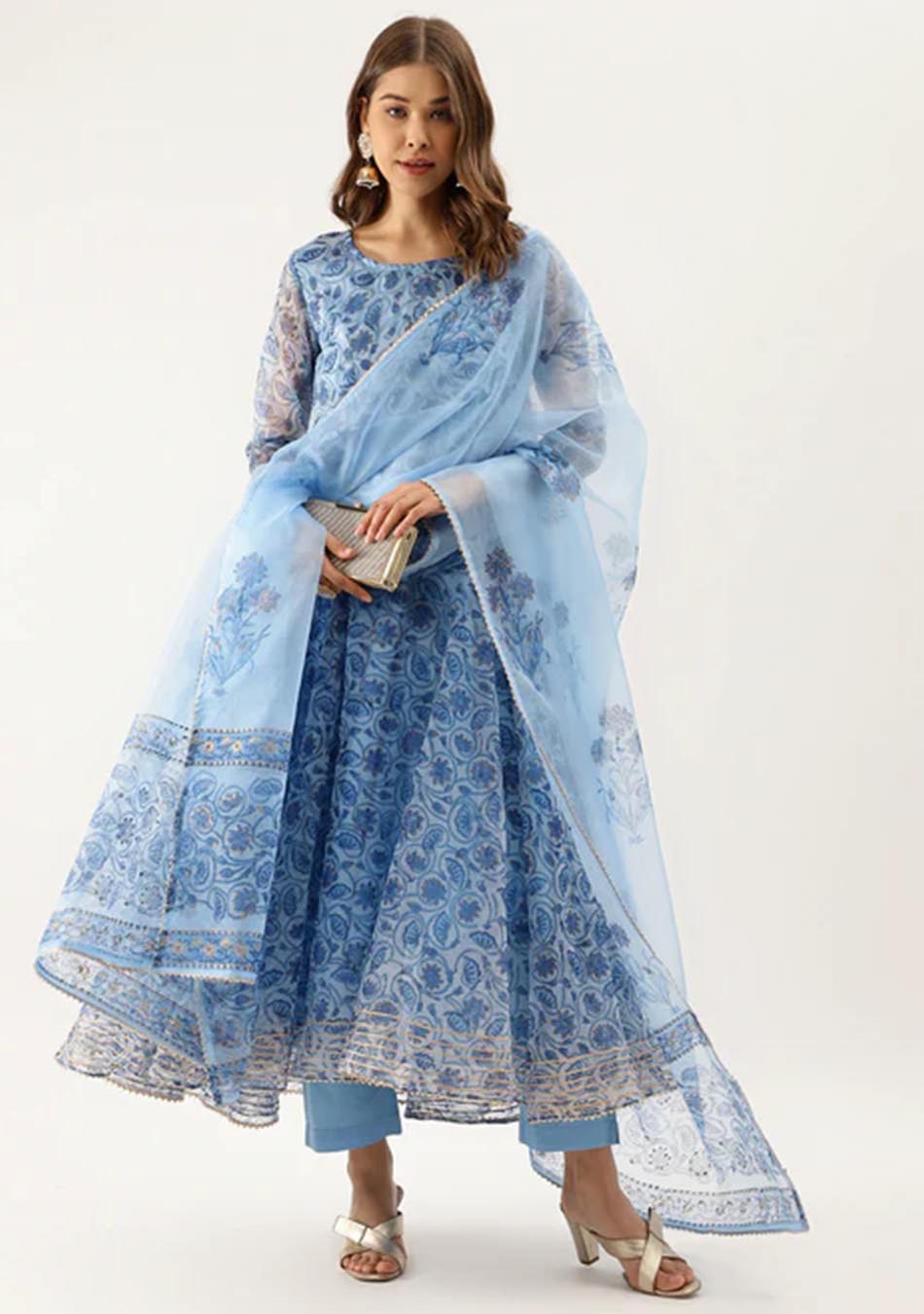 Floral Sky Blue Anarkali Ensemble