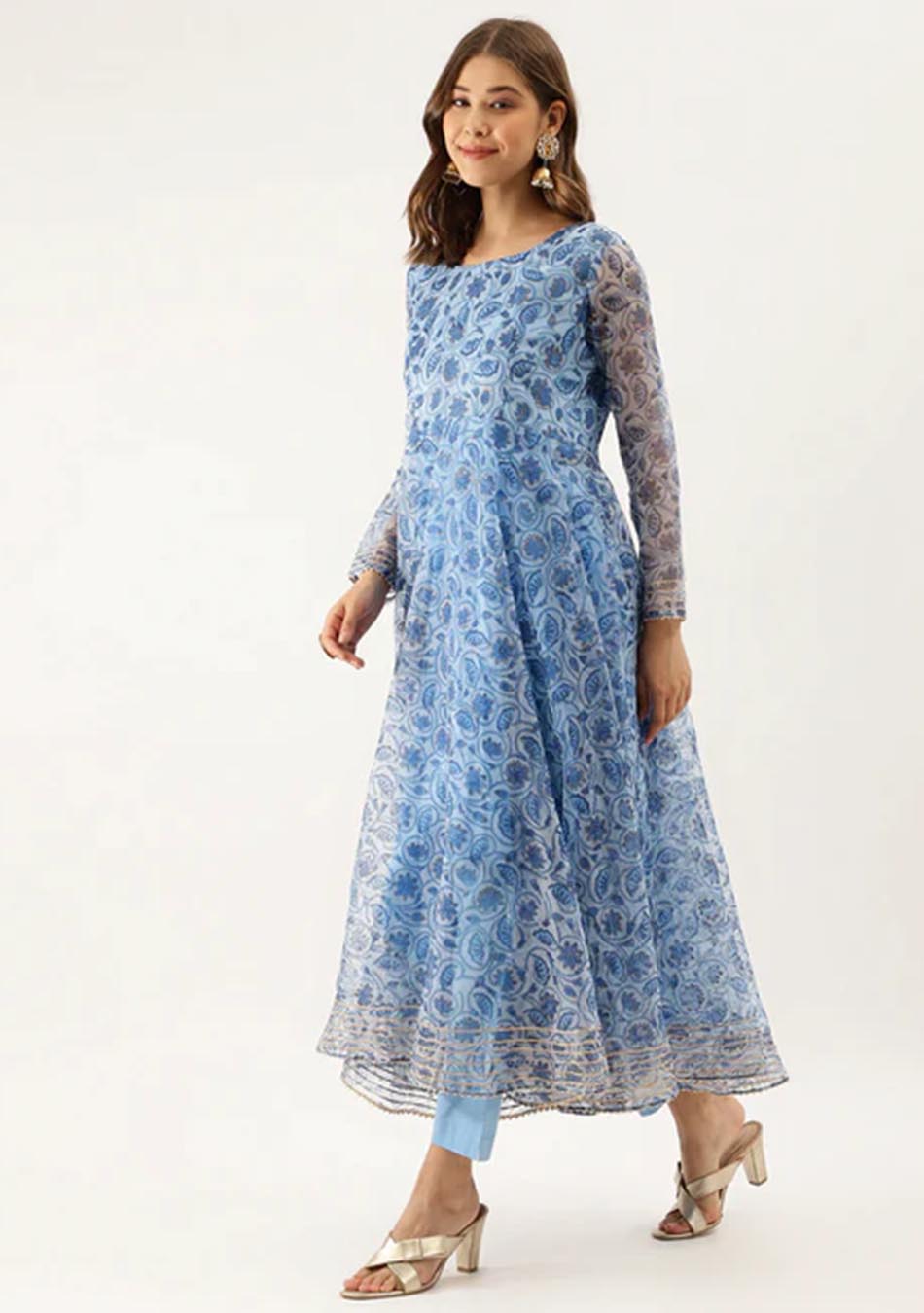 Floral Sky Blue Anarkali Ensemble